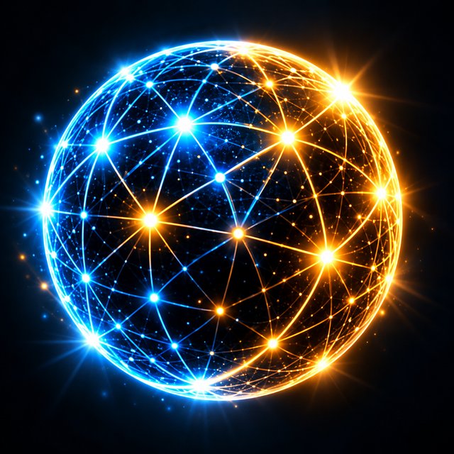 The MundusGate globe: a sphere of connected points of light, blue on one side and gold on the other
